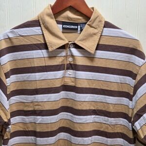 Odo Polo Shirt Mens Large Brown Striped Short Sleeve Collared Cotton Blend
